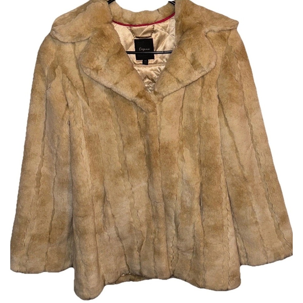 Vtg Express Faux Fur Coat Mob Wife Satin Quilted Lining Cream Luxury Women's XS